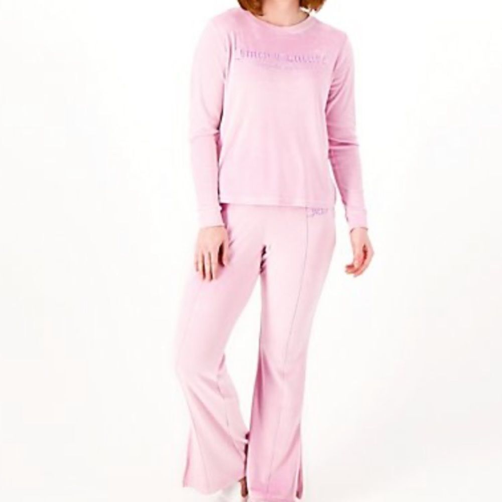 Juicy Couture Velvet Fleece Long Sleeve Crew Top & Flare Pant L Mauve NWT IN PKG